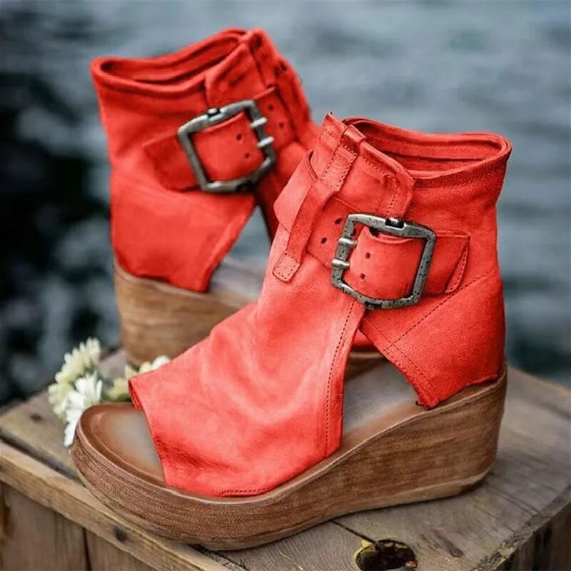 Niasya - Buckle Strap Wedge Ankle Boots
