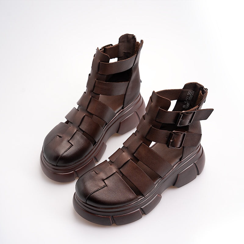 Chunky Platform Mary Jane Cowhide Leather Comfy Flatforms for Daily Walk Brown/Black