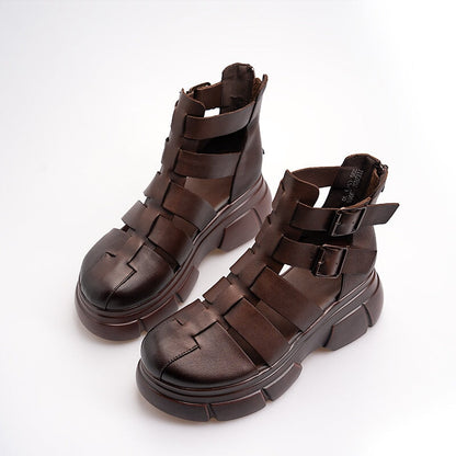 Chunky Platform Mary Jane Cowhide Leather Comfy Flatforms for Daily Walk Brown/Black