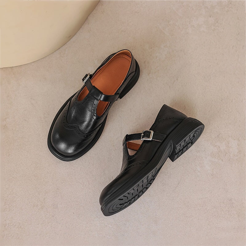 Preppy Style Sheepskin T Strap Brogue Mary Jane in Brown/Black