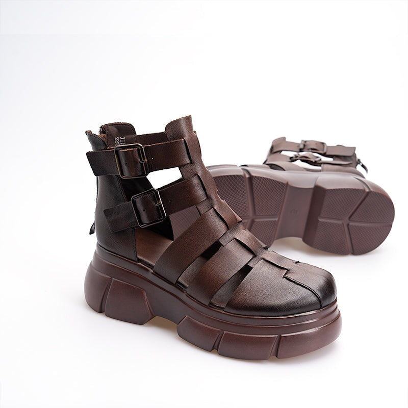 Chunky Platform Mary Jane Cowhide Leather Comfy Flatforms for Daily Walk Brown/Black