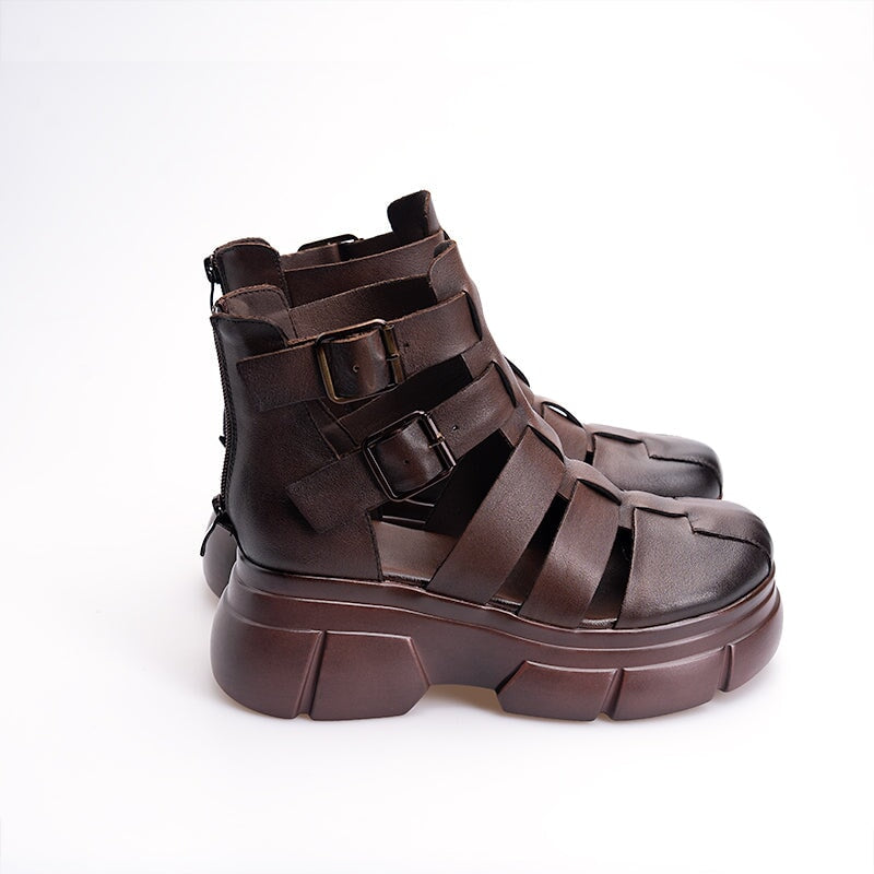 Chunky Platform Mary Jane Cowhide Leather Comfy Flatforms for Daily Walk Brown/Black