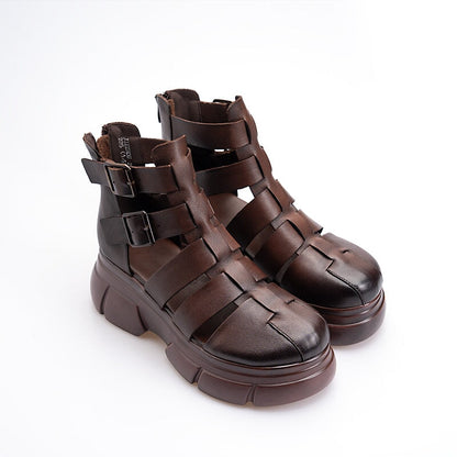 Chunky Platform Mary Jane Cowhide Leather Comfy Flatforms for Daily Walk Brown/Black